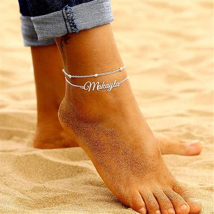 Personalized Name Ankle Bracelet for Women Custom Layered Name Anklet with Initials 18K Gold Plated Graduation Gift Customized Anklets for Women 8.7”-10.7”