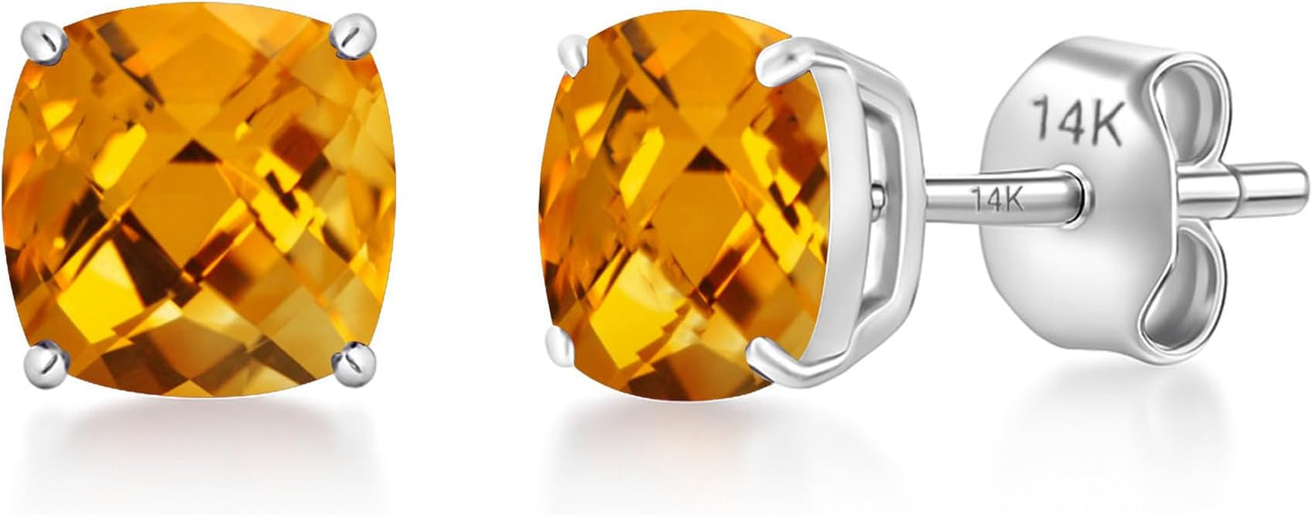 14k Gold 6MM Cushion Cut Stud Gemstone Earrings | Hypoallergenic Solitaire Gemstone Studs with 14K Gold Backs | Lightweight Birthstone Earrings with Gift Box by MAX + STONE