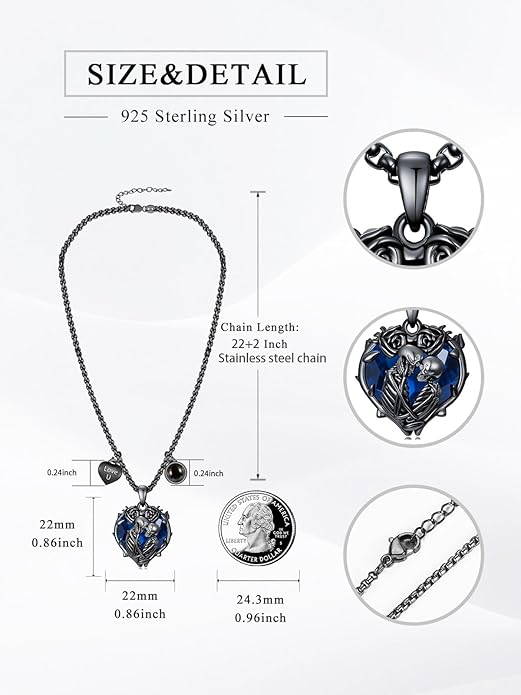 Flpruy 925 Sterling Silver Black Gothic Jewelry Gifts Skeleton Couple Pendant Crystal Birthstone Heart Necklace Punk Romantic Jewelry for Lover Men Women