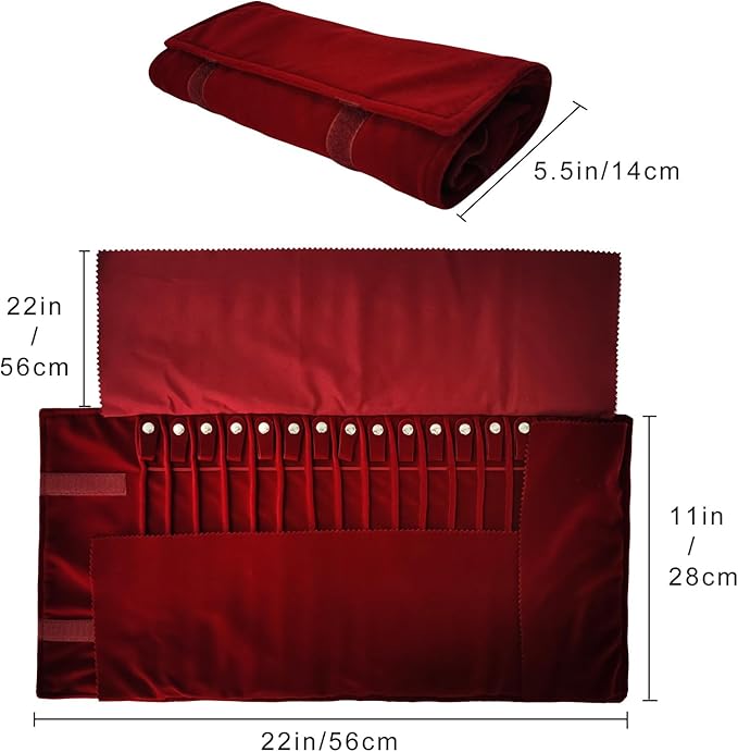 SCIKHEFT Portable Jewelry Roll Untangled Secure Necklace Travel Storage Bag Displays Holder 16 Chain (Burgundy)
