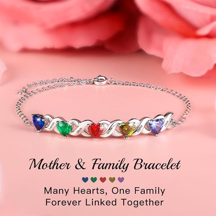Personalized Custom Name Heart Bracelet with 1-6 Birthstone Bracelets for Women Engraved Family Names Link Bracelets for Mother's Day Mom Daughter