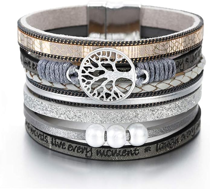 Fesciory Leather Wrap Bracelets for Women, Boho Leopard Multi-Layer Crystal Beads Cuff Bracelet Jewelry