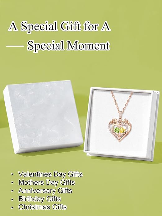 JIYVY32 Rose Heart Necklace for Women Exquisite 925 Sterling Silver Anniversary Birthday Gifts for Wife Mom Her Double Birthstone Pendant Jewelry