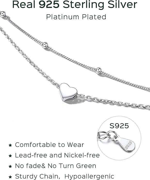 ChicSilver Sterling Silver Anklets for Women 925 Ankle Bracelets for Women Layered Heart Anklet With Beaded Anklets for Women