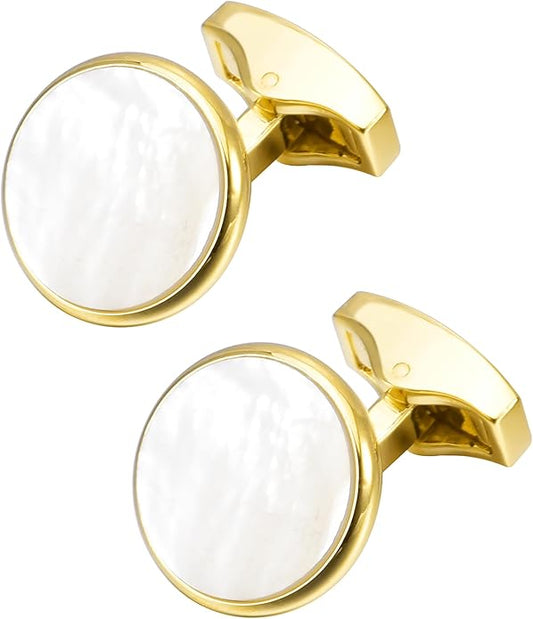 Jonwo Silver / 14K Gold Plated Natural Mother of Pearl Cufflinks for Men Women Classic Round Men's Cufflinks Jewelry for Wedding Party Anniversary Business Tuxedo Dress