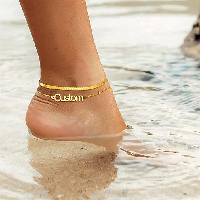 U7 Custom Layered Ankle Bracelets for Women Stainless Steel Bead/Cuban/Figaro/Rope/Wheat Chain Anklet Waterproof Anklet Jewelry for Beach Vacation