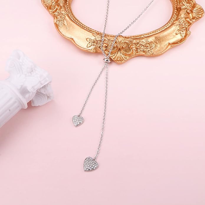 FLYOW Long Chain Dainty Lariat Necklace Simple Style 925 Sterling Silver Heart Pendant Adjustable Y Shaped Necklace Jewelry