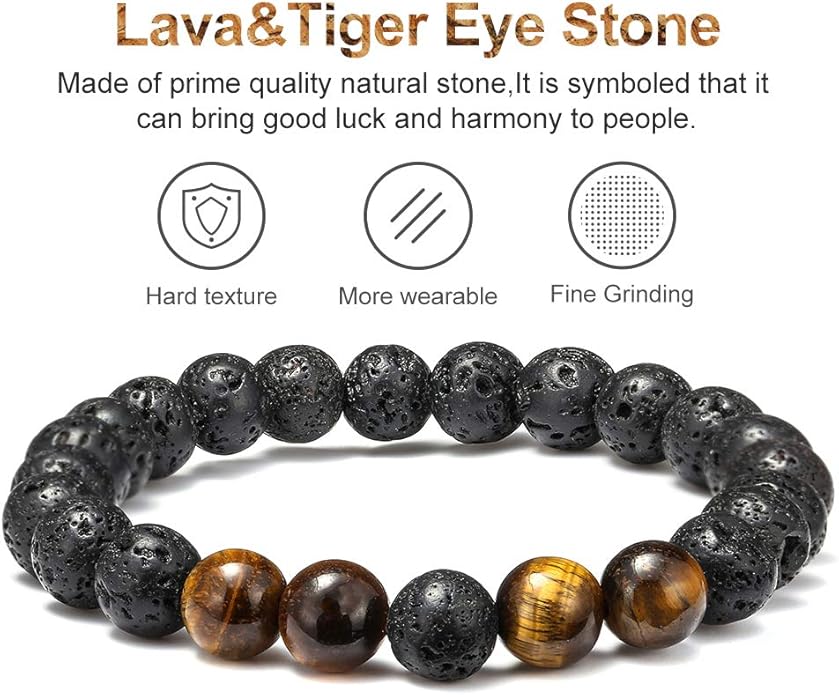 M MOOHAM Natural Stone Bracelets for Men - 8mm Tiger Eye, Matte Agate, Lava Rock - Teen Boys Gifts for Birthday, Anniversary, Christmas