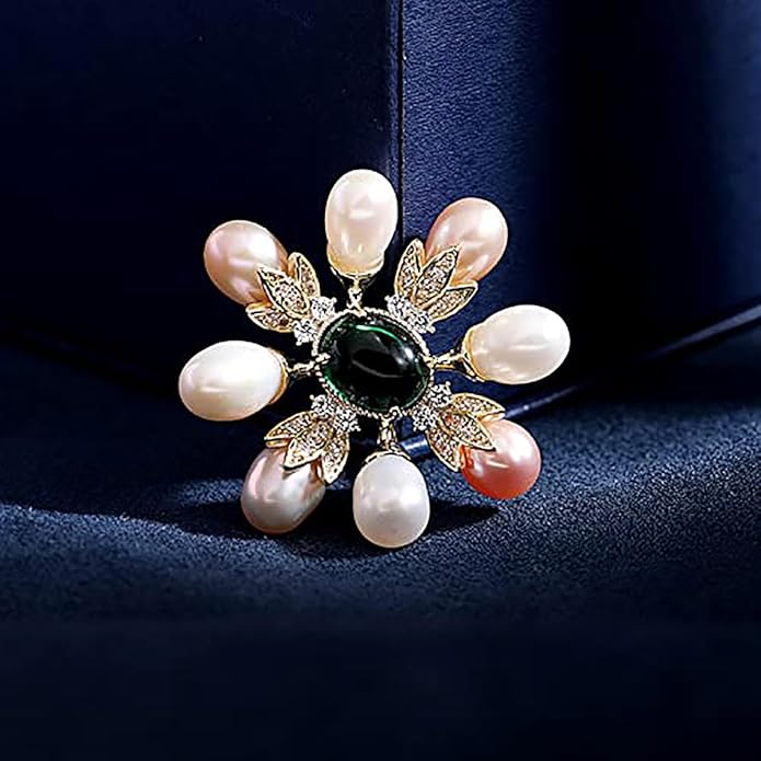 14K Gold Handcrafted Emerald Brooch with Moissanite and Freshwater Pearls - Vintage Style Floral Corsage, Fashion Coat Accessory Gift
