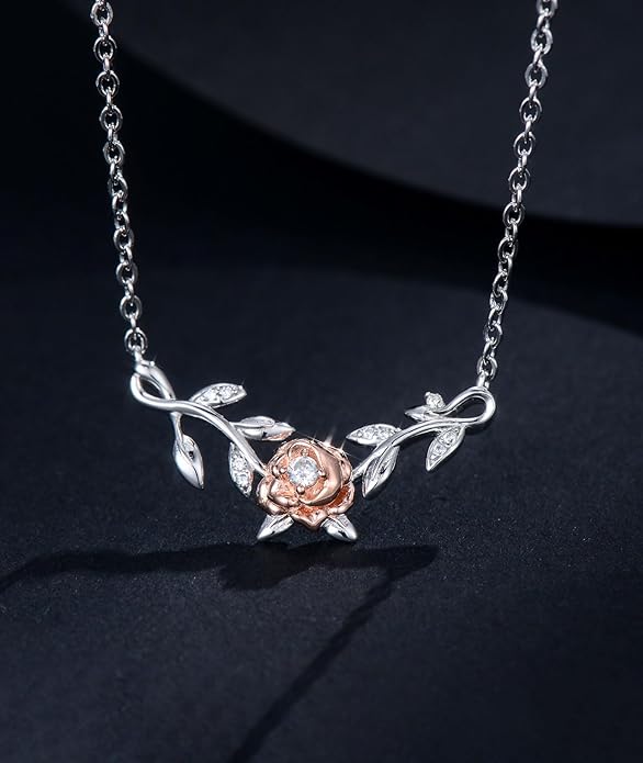 1/20 Carat Diamond Rose Necklace for Women 925 Sterling Silver Rose Flower Vine Pendant Necklaces 18K Gold Plated Fine Jewelry