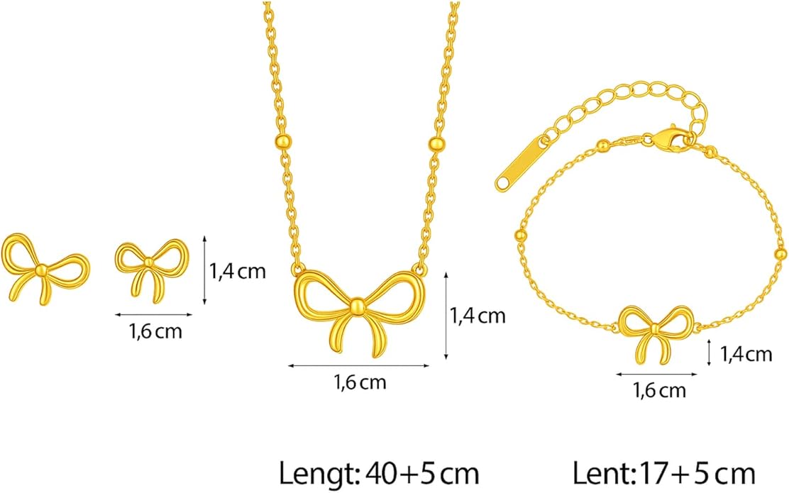 Bow Earrings Necklace Bracelet Set for Women Dainty Bowknot Jewelry Set Gold Pendant Necklace Ribbon Stud Earrings Cute Bow Accessories Elegant Gift for Her