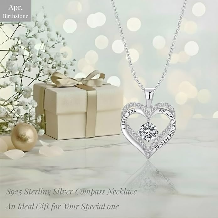 Birthstone Heart Necklace for Women Wife Girlfriend Mom Daughter Gifts S925 Silver Jewelry For Anniversary Rose Gold Gifts For Birthday Christmas Mothers Valentines Day