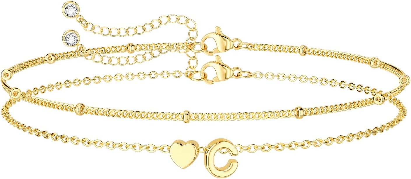 DEARMAY Dainty Initial Heart 14K Gold Plated Bracelets for Women Trendy, Letter Charm Bracelet Jewelry Cute Simple Fashion Chain Gift