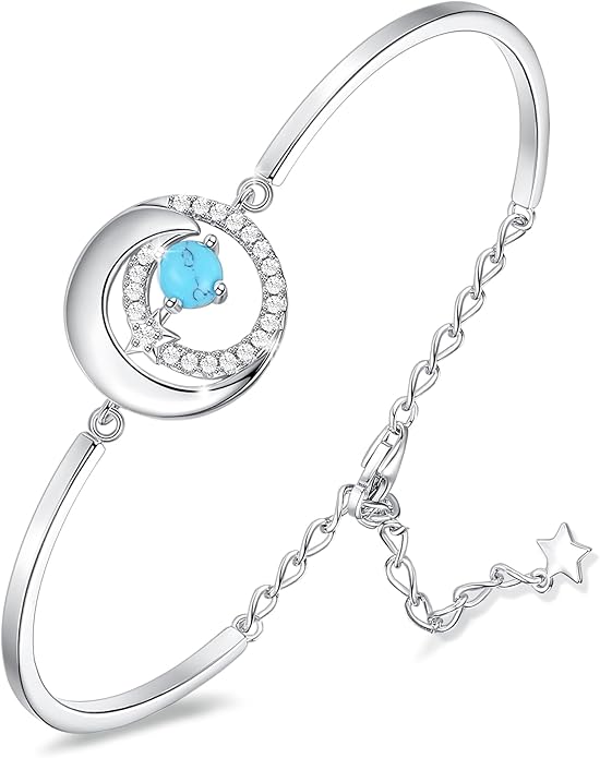 FANCIME Birthstone Bracelets 925 Sterling Silver Moon and Star Bangle Charm Bracelet Fine Jewelry Birthday Anniversary Christmas Day Gift for Her Women, Adjustable Chain 6.7"+1.2" Extend