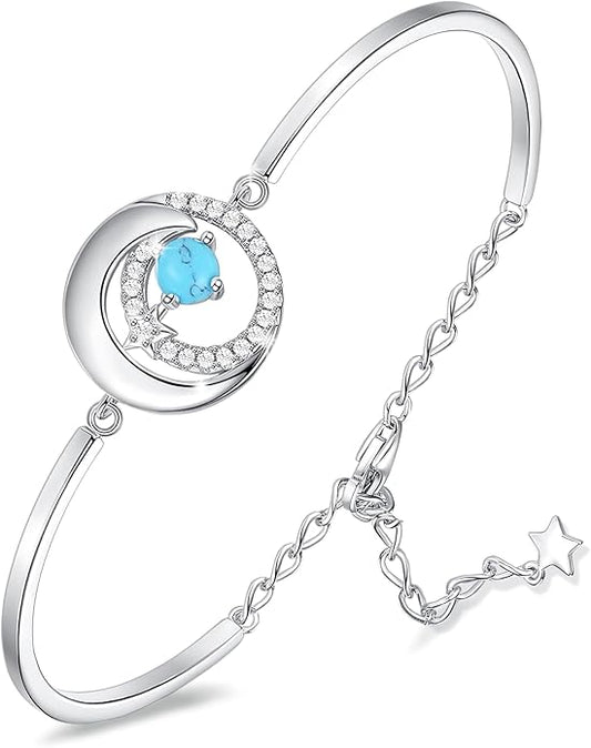 FANCIME Birthstone Bracelets 925 Sterling Silver Moon and Star Bangle Charm Bracelet Fine Jewelry Birthday Anniversary Christmas Day Gift for Her Women, Adjustable Chain 6.7"+1.2" Extend