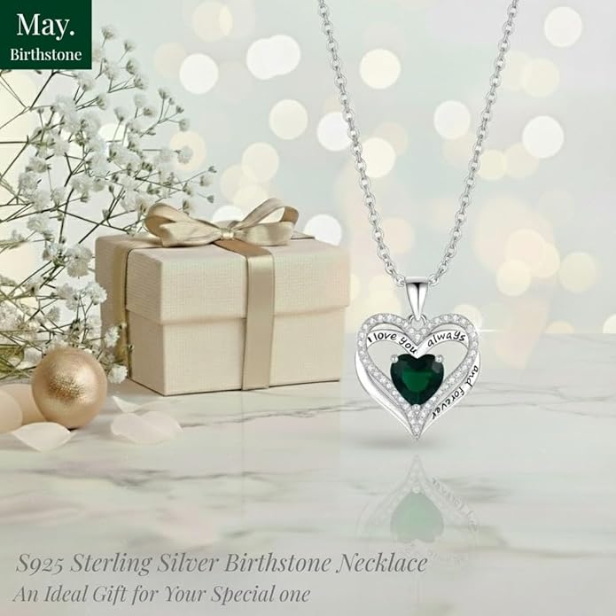 Birthstone Heart Necklace for Women Wife Girlfriend Mom Daughter Gifts S925 Silver Jewelry For Anniversary Rose Gold Gifts For Birthday Christmas Mothers Valentines Day