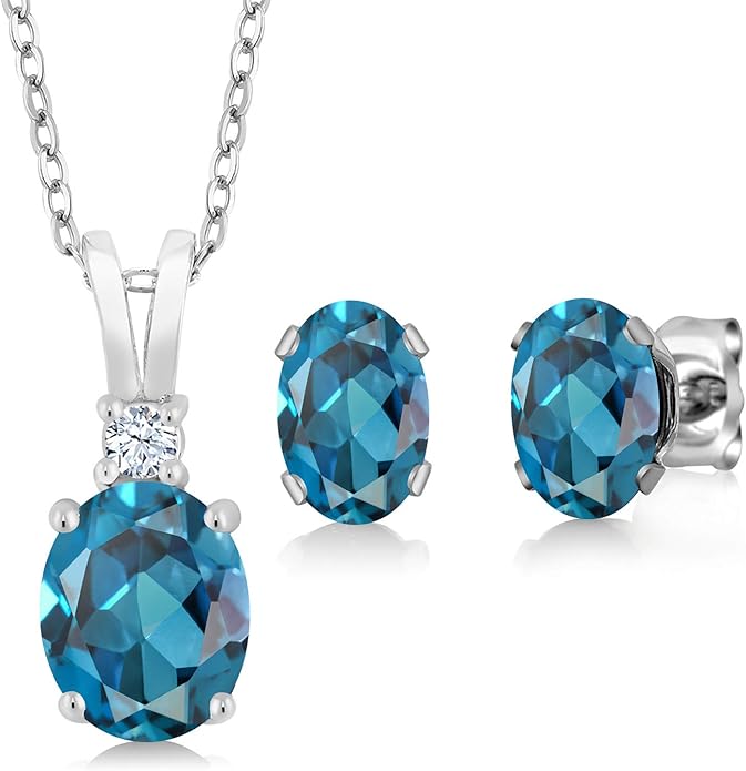 Gem Stone King 3.15 Cttw London Blue Topaz Pendant and Earrings Jewelry Set For Women | 925 Sterling Silver | Gemstone Birthstone | With 18 Inch Silver Chain