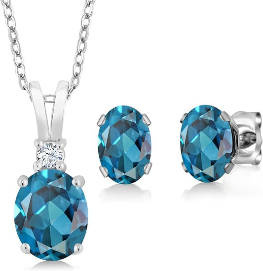 Gem Stone King 3.15 Cttw London Blue Topaz Pendant and Earrings Jewelry Set For Women | 925 Sterling Silver | Gemstone Birthstone | With 18 Inch Silver Chain