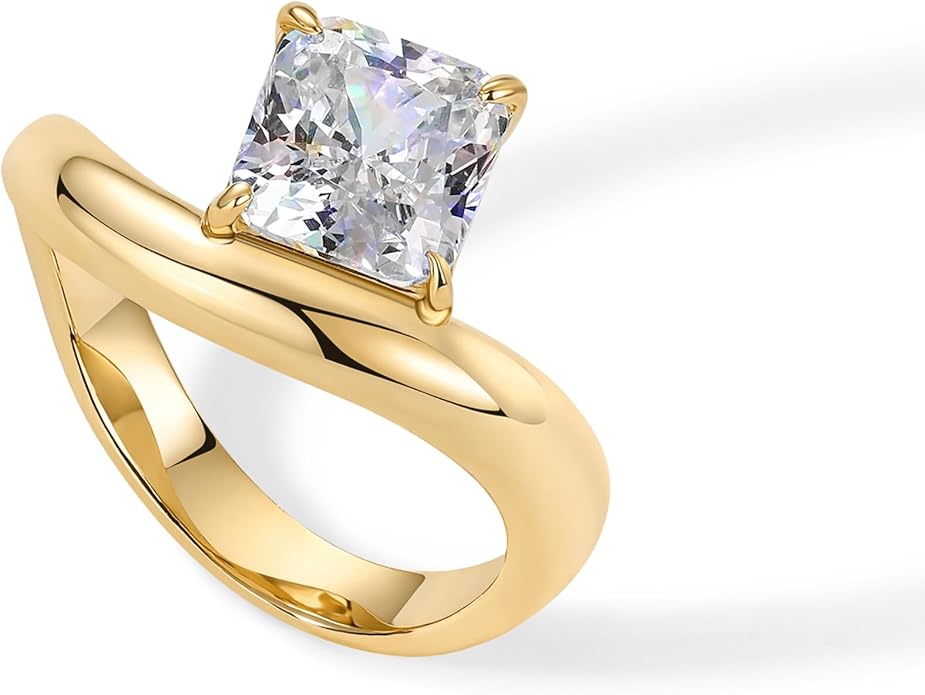 PAVOI 14K Gold Plated Wavy Engagement Ring for Women | Solitaire Cubic Zirconia Wedding Band & Promise Rings for Her | Trendy Fashion Jewelry