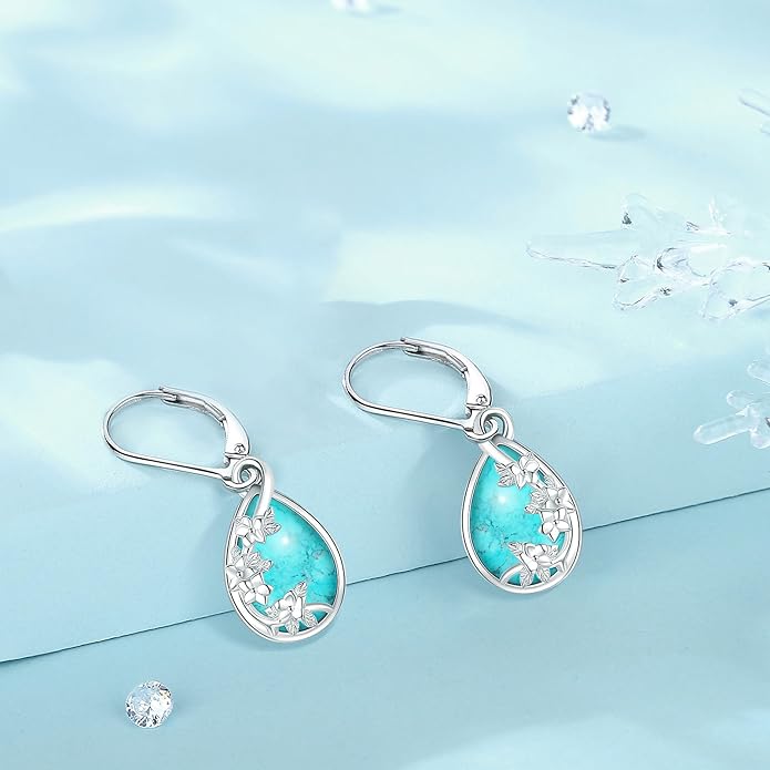 Sterling Silver Tree of Life/Flower/Bee/Animals/Cat/Hummingbird Dangle Earrings Moonstone Turquoise Drop Leverback Earrings Jewelry Gifts