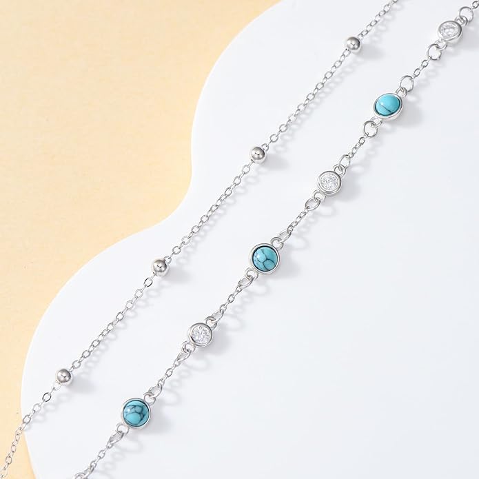 Anklets for Women 925 Sterling Silver Natural Stone Layered Anklet Beach Summer Fine Jewelry Birthday Christmas Gifts for Women Her Mom