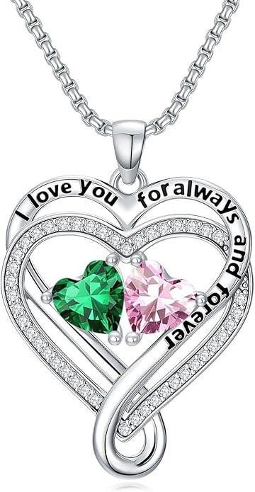I Love You for Awlays and Forever Double Heart Necklace with Birthstone, 2 Birth Stone Jewelry Anniversary Valentines Mothers Day Christmas Birthday Gifts for Women Her Wife Girlfriend Mom Mother