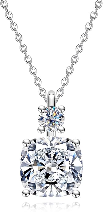 AnuClub Cushion Cut Moissanite Pendant Necklace D Color VVS1 925 Sterling Silver Refined Daily Necklace for Women with Certificate, 40+2+3cm Adjustable Chain