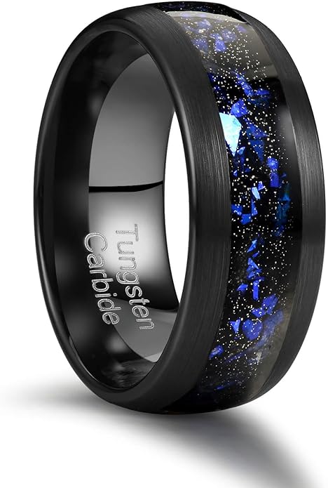 Men's 8mm Black/Gold Tungsten Carbide Wedding Ring Nebula Galaxy Wedding Promise Gold Foil Inlay Real Meteorite Matte Bevel Comfort Fit