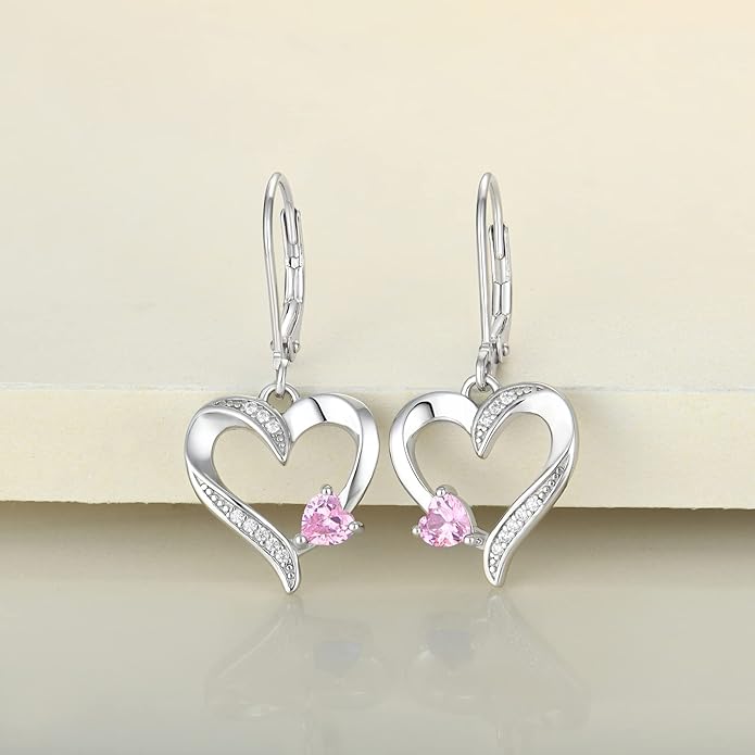 YL Heart Dangle Earrings 925 Sterling Silver Drop Earrings Birthstone Leverback Jewelry for Women