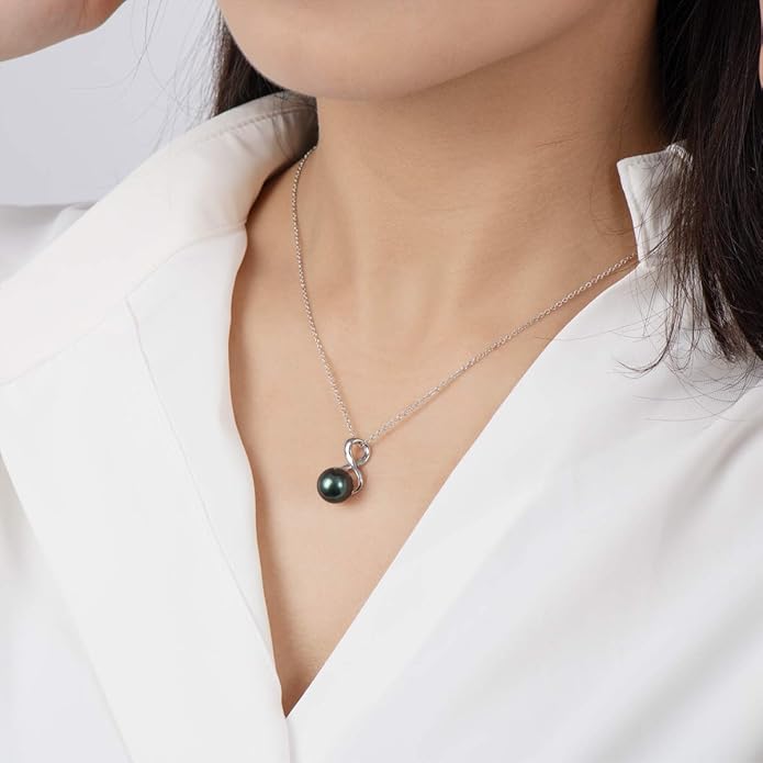 DENGGUANG Tahitian Black Pearl Necklace for Women Genuine 9-10mm Round Tahitian Cultured Pearls Pendant 18K Gold Plated 925 Sterling Silver - Jewelry Gifts for Mom Wife Daughter