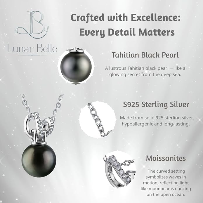 Lunar Belle Pendant Necklace for Women with Tahitian Black Pearl Moissanite Jewelry in 925 Silver, Birthday Gift Ideas for Women Anniversary (Midnight Pearl Shine)
