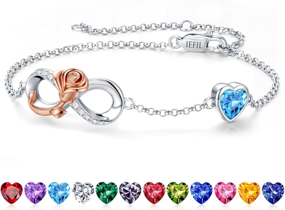 Iefil Infinite Rose Birthstone Bracelet for Women, 925 Sterling Silver Charm Link Birthstone Bracelet, Anniversary Birthday Gifts for Women, Mothers Day Valentines Christmas Gifts for Wife Girlfriend