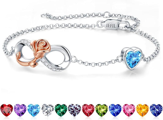 Iefil Infinite Rose Birthstone Bracelet for Women, 925 Sterling Silver Charm Link Birthstone Bracelet, Anniversary Birthday Gifts for Women, Mothers Day Valentines Christmas Gifts for Wife Girlfriend