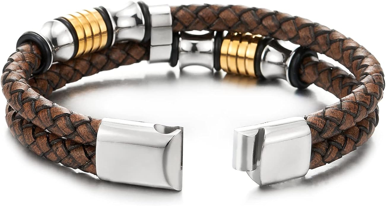 COOLSTEELANDBEYOND Mens Double-Row Braided Leather Bracelet Bangle Wristband with Stainless Steel Ornaments