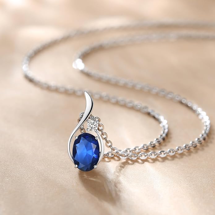 FANCIME 14K Solid White Gold Oval Gemstone Necklace with Diamond Pendant Gifts for Mom Women,16"+2" Inches