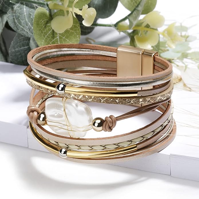 Fesciory Leopard Bracelet for Women, Boho Leather Wrap Multi-Layer Pearl Crystal Bracelet Bangle Jewelry