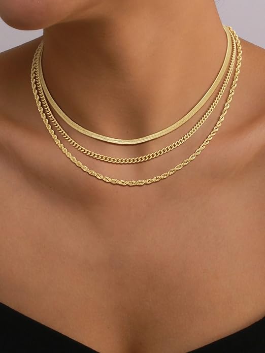 Gold/Silver Necklaces Stack For Women, 14K Gold/Sterling Silver Plated Layered Choker Necklace Set, Stackable Multilayer Simple Cuban Snake Paperclip Chain Set Jewelry Gift for Women