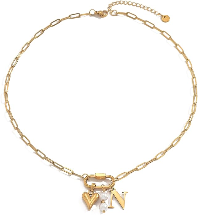 Gold Heart Initial Necklaces for Women 18K Gold Plated Dainty Pearl Letter Necklace Personalized Monogram Name A-Z Pendant Everyday Jewelry for Women