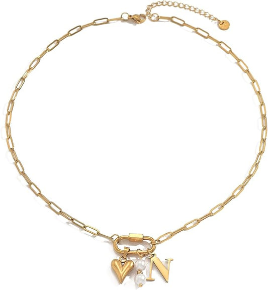 Gold Heart Initial Necklaces for Women 18K Gold Plated Dainty Pearl Letter Necklace Personalized Monogram Name A-Z Pendant Everyday Jewelry for Women