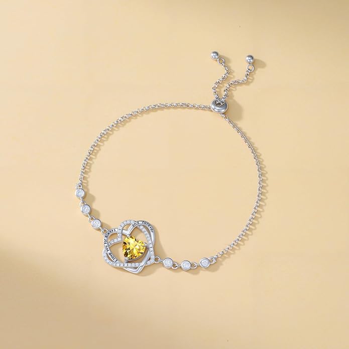 TOUPOP Heart Birthstone Bracelet 925 Sterling Silver Double Heart Bracelet Love You for Always and Forever Jewelry Anniversary Birthday Christmas Gifts for Women Wife Her