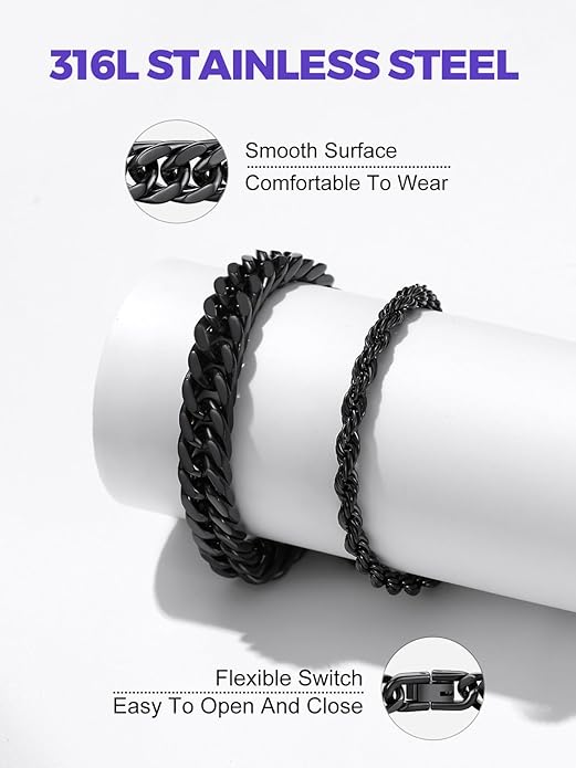 Richsteel 2PCS/3PCS Bracelets Chain for Men Women Stainless Steel Silver/Gold/Black Cuban/Rope Link Chain Bracelets Set, 7.4/8.2/9 Inch Hand Chain Length for Men Women Jewelry