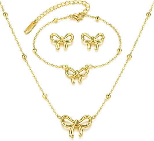 Bow Earrings Necklace Bracelet Set for Women Dainty Bowknot Jewelry Set Gold Pendant Necklace Ribbon Stud Earrings Cute Bow Accessories Elegant Gift for Her