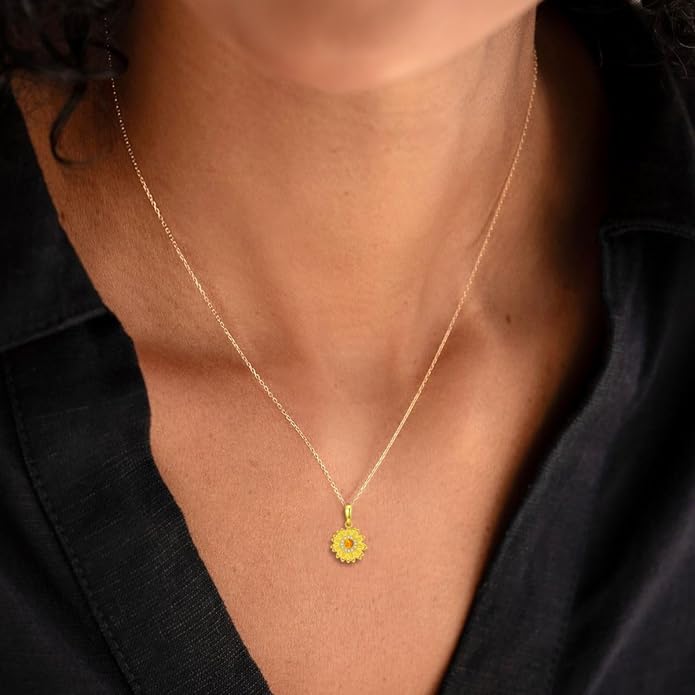 Dainty Genuine Amber Sunflower Pendant Necklace 925 Sterling Silver vintage Natural Gemstone Jewelry for Women Sunflower Lover