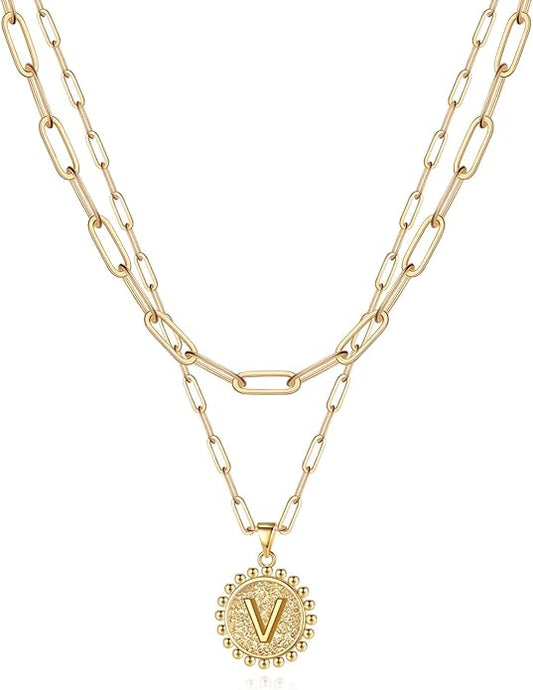 Yoosteel Gold Initial Necklaces for Women, 14K Gold Plated Dainty Layering Paperclip Link Chain Necklace Coin Initial Layered Necklaces for Women Personalized Birthday Gifts
