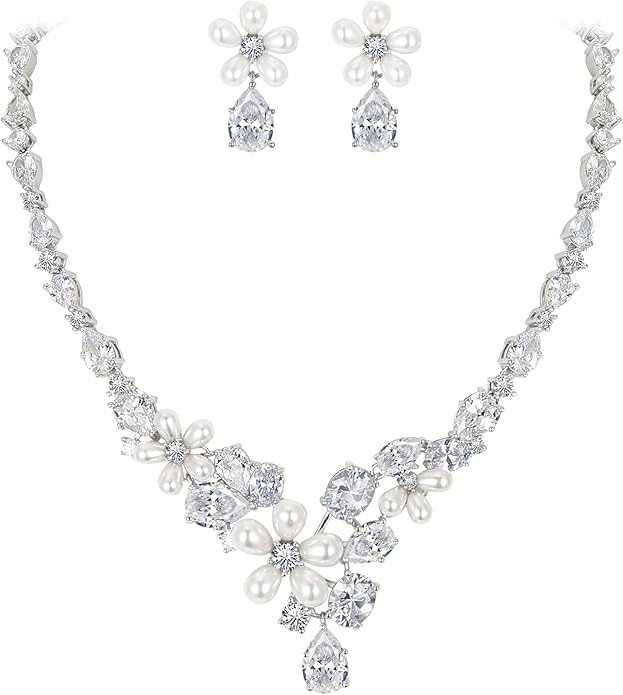 EleQueen Women's Simulated Pearl Wedding Jewelry Set, Cubic Zirconia Marquise Floral Bridal Necklace Earrings Bracelet Sets