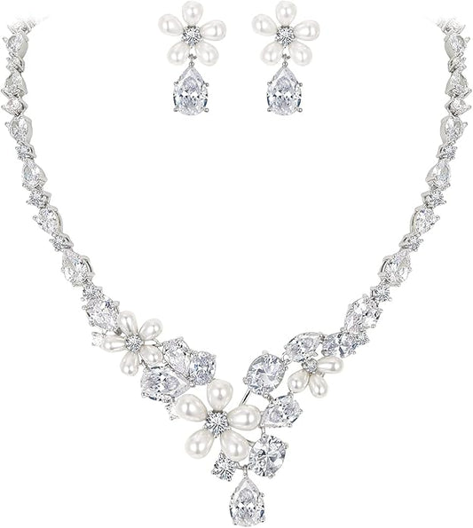 EleQueen Women's Simulated Pearl Wedding Jewelry Set, Cubic Zirconia Marquise Floral Bridal Necklace Earrings Bracelet Sets