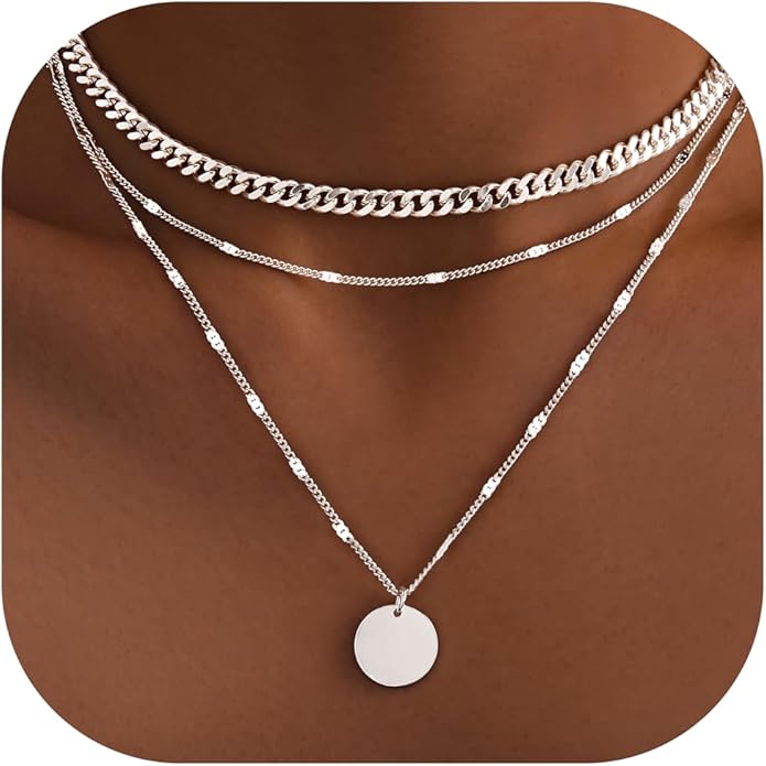 WomenGifts Layered Gold Necklaces for Women, 14K Gold Sterling Silver Plated Dainty Pendant Necklace Set with Cubic Zirconia Circle, Chunky Stackable Cuban Chain Choker, Trendy Personalized Birthstone Jewelry Gift Non Tarnish