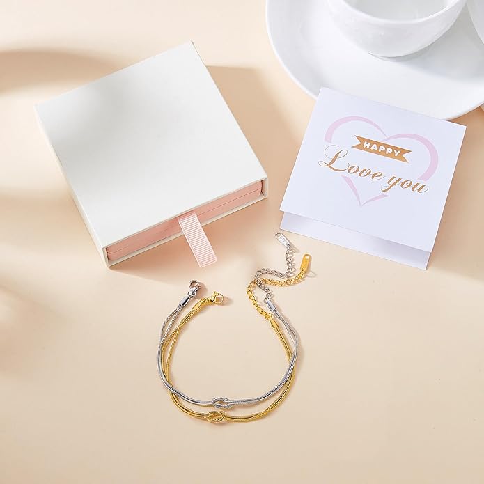 BELLA-Bee 2 Pcs Matching Bracelets for Couples Adjustable Dainty Gold Silver Love Knot Bracelets Promise Relationship Forever Bracelets Trendy Couples Jewelry for Best Wishes