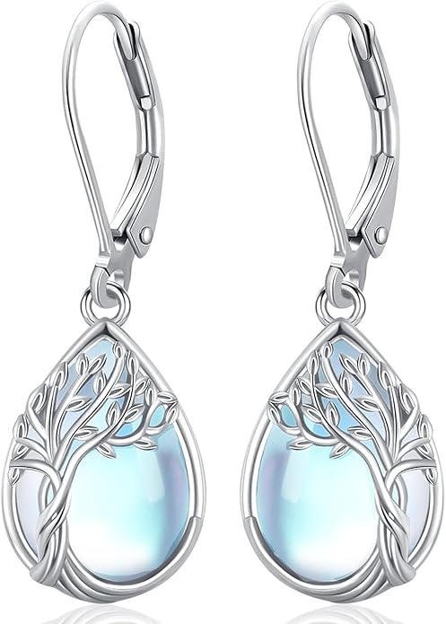 Tree of life Dangle Earrings Sterling Silver Moonstone/Turquoise/Malachite Earrings for Women Filigree Leverback Earrings Jewelry Gifts