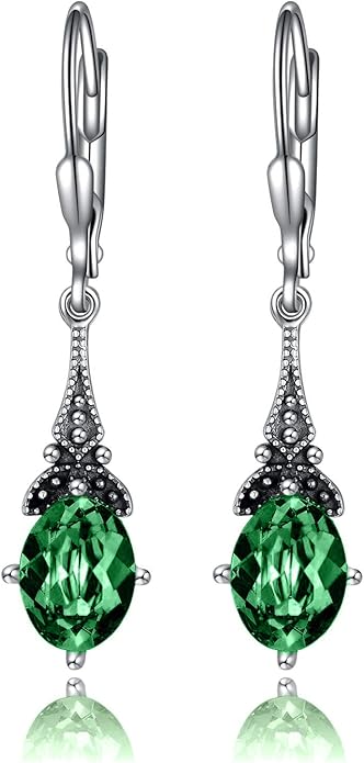 AOBOCO Vintage Earrings for Women Sterling Silver Retro Drop Dangle Leverback Earrings with 8x6mm Oval Genuine or Simulated Birthstone Crystal from Austria, Anniversary Jewelry Gifts for Her Women